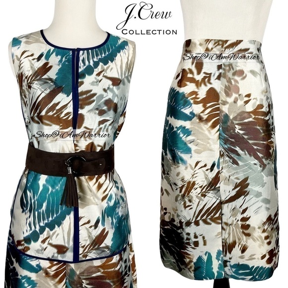 J.Crew Collection rare 2pc silk blend abstract foliage print top+midi skirt - Picture 5 of 16